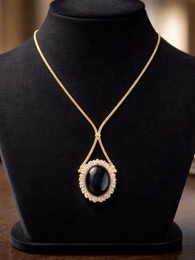 Gold-Plated Black Onyx Pendant Necklace with Crystal Halo